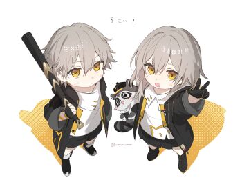 1boy 1girl aged_down arm_ribbon arm_up artist_name baseball_bat black_boots black_gloves black_hat black_jacket black_shorts black_skirt blush_stickers boots caelus_(honkai:_star_rail) child closed_mouth dual_persona fingerless_gloves full_body gloves grey_hair hair_between_eyes hand_up hat highres holding holding_baseball_bat holding_stuffed_toy honkai:_star_rail honkai_(series) jacket long_hair long_sleeves looking_at_viewer looking_up miniskirt open_clothes open_jacket open_mouth peaked_cap pleated_skirt ribbon shadow shirt short_hair shorts sidelocks simple_background skirt standing stelle_(honkai:_star_rail) stuffed_animal stuffed_raccoon stuffed_toy t-shirt trailblazer_(baseball_raccoon)_(honkai:_star_rail) trailblazer_(honkai:_star_rail) umenoume w white_background white_shirt wide_sleeves yellow_eyes