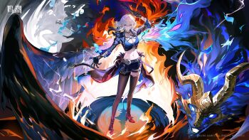 1girl arm_up black_choker black_jacket black_pantyhose black_shoes black_shorts black_thighhighs blue_bra bra breasts character_name chimera_(wuthering_waves) choker cleavage cropped_jacket galbrena_(wuthering_waves) grey_hair gun hair_between_eyes high_heels highres holding holding_gun holding_weapon jacket logo looking_at_viewer medium_breasts medium_hair navel official_art outstretched_arm pantyhose shoes shorts single_leg_pantyhose single_thighhigh solo standing stomach tacet_discord_(wuthering_waves) thighhighs thighs underwear weapon wuthering_waves