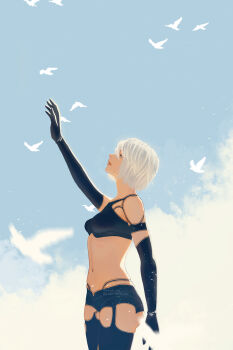 1girl a2_(nier:automata) android arm_up blue_sky breasts cloud commentary english_commentary highres medium_breasts mitsuki_nite navel nier:automata nier_(series) outdoors short_hair simple_bird skindentation sky solo standing watermark white_hair