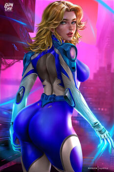 1girl absurdres ass blonde_hair blue_bodysuit blue_eyes bodysuit breasts earrings fantastic_four highres jewelry logan_cure long_hair looking_at_viewer marvel marvel_rivals multicolored_bodysuit smile solo sue_storm superhero_costume two-tone_bodysuit white_bodysuit