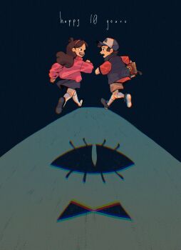 1boy 1girl 1other :d absurdres baseball_cap bill_cipher blue_skirt blue_vest book bow bowtie brown_hair cargo_shorts chromatic_aberration different_shadow dipper_pines english_text from_behind fruiitlins full_body gravity_falls grin hairband hat highres holding holding_book jacket looking_at_another mabel_pines one-eyed open_mouth pink_sweater red_jacket running short_hair shorts skirt slit_pupils smile socks sweater two-tone_hat vest white_socks worried