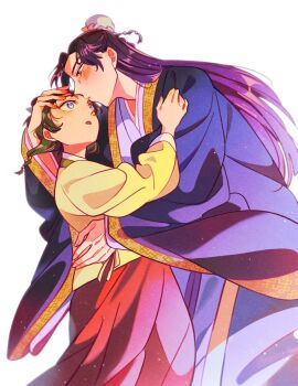 Rule 34 | 1boy, 1girl, beads, blue eyes, blue jacket, blue ribbon, blue robe, blush, bun cover, cowboy shot, freckles, green hair, hair beads, hair bun, hair ornament, hair ribbon, hand on another's head, hand on another's waist, hashtag-only commentary, hetero, highres, jacket, jinshi (kusuriya no hitorigoto), kusuriya no hitorigoto, long hair, long skirt, maomao (kusuriya no hitorigoto), parted bangs, parted lips, purple hair, red eyes, red skirt, ribbon, robe, ryeongrry11, shirt, skirt, white background, wide-eyed, yellow shirt