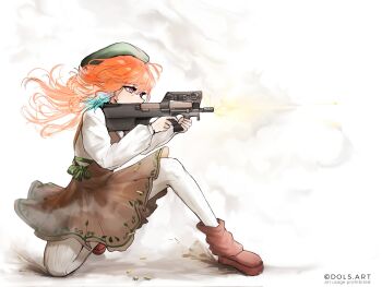 1girl bullpup commission dols_art earrings feather_earrings feathers gun hashtag-only_commentary highres hololive hololive_english jewelry long_hair multicolored_hair official_alternate_costume orange_hair p90 purple_eyes submachine_gun takanashi_kiara takanashi_kiara_(winter_casual) vgen_commission virtual_youtuber weapon