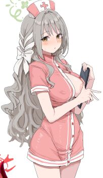 1girl areola_slip blue_archive breasts brown_hair character_request clearite covered_erect_nipples grey_hair hair_ribbon halo hat highres holding holding_tablet_pc large_breasts long_hair long_sidelocks looking_at_viewer miyo_(blue_archive) nurse nurse_cap open_mouth partially_undressed ribbon sidelocks tablet_pc thighs very_long_hair wavy_hair white_background yellow_eyes