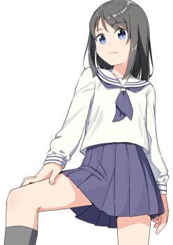 1girl absurdres blue_eyes blue_neckerchief blue_skirt blush brown_hair closed_mouth collarbone commentary_request dot_nose expressionless hand_on_own_thigh highres leg_up neckerchief negimiso1989 original parted_bangs pleated_skirt sailor_collar school_uniform serafuku shirt short_hair simple_background skirt solo standing white_background white_sailor_collar white_shirt white_skirt