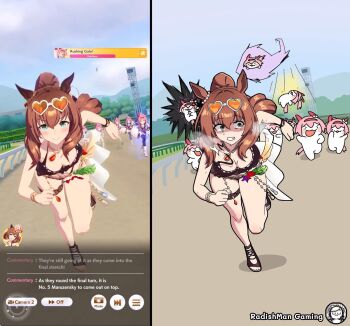 Rule 34 | 6+girls, animal ears, artist name, breasts, brown hair, cleavage, clenched teeth, eyewear on head, haru urara (bestest prize) (umamusume), haru urara (umamusume), highres, horse ears, horse girl, horse tail, looking to the side, maruzensky (hot summer night) (umamusume), maruzensky (umamusume), multiple girls, radishman, running, scared, steam, tail, teeth, thighs, umamusume