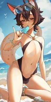 Rule 34 | 1boy, absurdres, ahoge, akumana, animal ear fluff, animal ears, anklet, beach, black hair, black nails, black one-piece swimsuit, body freckles, brown hair, bulge, cloud, cloudy sky, commentary, crossdressing, crossdressing (mtf), crossed bangs, english commentary, eyewear on head, food, freckles, glasses, gradient hair, hair between eyes, highres, holding, holding food, holding popsicle, jewelry, kneeling, looking at viewer, male focus, multicolored hair, nail polish, one-piece swimsuit, open mouth, original, popsicle, round eyewear, short hair, sky, solo, swimsuit, tail, trap