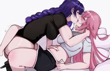 Rule 34 | 2girls, absurdres, alternate costume, animal ears, arnkun, ass, barefoot, black shirt, black shorts, blanket, blush, bottomless, braid, breasts, feet out of frame, fox ears, fox girl, genshin impact, hair between eyes, hand on another's neck, hand up, highres, large breasts, long hair, looking at another, low-braided long hair, low-tied long hair, midriff, multiple girls, navel, on bed, open mouth, pillow, pink hair, purple eyes, purple hair, raiden shogun, shirt, short shorts, short sleeves, shorts, sidelocks, simple background, single braid, sitting, t-shirt, tongue, tongue out, trembling, white background, white shirt, yae miko, yuri