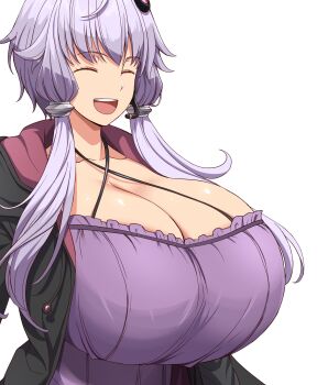 Rule 34 | 1girl, breasts, cleavage, closed eyes, dekapaiyukari, happy, highres, huge breasts, kloah, purple hair, short hair with long locks, sidelocks, solo, vocaloid, yuzuki yukari