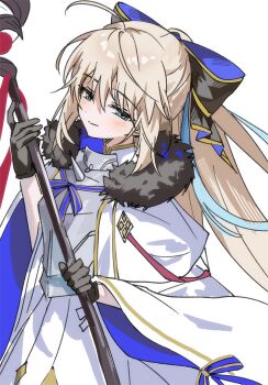1girl aesc_(fate) aesc_(savior)_(fate) armor armored_dress black_bow black_gloves blonde_hair blush bow breastplate dress fate/grand_order fate_(series) furry gloves green_eyes grey_background hair_between_eyes hair_bow half-closed_eyes highres holding holding_staff long_hair looking_at_viewer simple_background smile solo staff syst098 very_long_hair white_dress