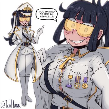 1girl adjusting_clothes ahoge alternate_costume alternate_eye_color alternate_hair_color alternate_hair_length alternate_hairstyle arm_behind_back artist_name azazel_(helltaker) belt belt_buckle black_belt black_hair blue_eyes blunt_ends blush boots breast_pocket breasts buckle button_gap coat collared_shirt commentary constricted_pupils cross cross_necklace dress_shirt embarrassed english_commentary english_text grin hair_ribbon hand_up hat helltaker high_ponytail highres index_finger_raised jewelry knee_boots large_breasts long_coat long_hair looking_at_viewer loremaster_(helltaker) medal military_uniform multiple_views necklace nervous nervous_sweating nose_blush open_clothes open_coat open_mouth pants peaked_cap pocket pointing pointing_up ponytail ribbon shirt sidelocks signature simple_background smile solo_focus speech_bubble strap sunglasses sweat teeth tehhank tinted_eyewear twitter_username undersized_clothes upper_body upper_teeth_only white_background white_coat white_footwear white_pants white_ribbon white_shirt wrap-around_shades yellow-tinted_eyewear