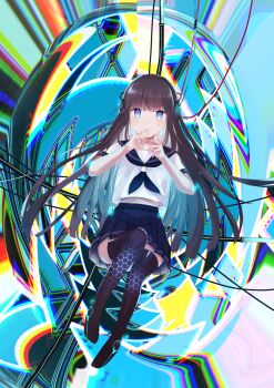 1girl abstract_background absurdres ai_(shining_nikki) artificial_intelligence bare_arms black_neckerchief black_sailor_collar black_skirt black_thighhighs blue_eyes blunt_bangs brown_hair cable colorful_background commentary_request expressionless floating full_body headphones heberere high-waist_skirt highres long_hair midriff miniskirt neckerchief nikki_(series) no_shoes own_hands_together parted_lips pleated_skirt sailor_collar school_uniform serafuku shining_nikki shirt short_sleeves skirt solo thighhighs very_long_hair white_shirt