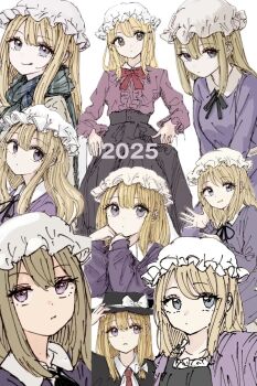 Rule 34 | 1girl, 2025, :p, alternate costume, black capelet, black hat, black ribbon, black shirt, black skirt, blonde hair, blue eyes, bow, bowtie, capelet, closed mouth, collage, collared dress, collared shirt, commentary, contrast collar, cosplay, dress, frilled shirt, frills, hair between eyes, hand on own hat, hands on own chin, hands on own hips, hat, hat bow, highres, kashiwada kiiho, long hair, long sleeves, looking at viewer, maribel hearn, medium hair, mob cap, neck ribbon, necktie, open mouth, purple dress, purple eyes, red bow, red bowtie, red necktie, ribbon, sash, scarf, shirt, shirt tucked in, simple background, sitting, skirt, smile, tongue, tongue out, touhou, usami renko, usami renko (cosplay), waving, white background, white bow, white hat, white sash, white shirt