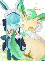 Rule 34 | blue eyes, blue hair, blush, bow, brown eyes, closed mouth, cow gv, creatures (company), flower, game freak, gen 4 pokemon, glaceon, glaceon (tea party), grass, headdress, leafeon, leafeon (checkered), maid, maid headdress, nintendo, pokemon, pokemon (creature), pokemon unite, sidelocks, sitting, twitter username