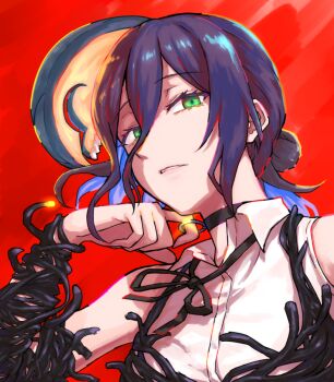 1girl apron black_apron black_ribbon bomb_devil_(chainsaw_man) chainsaw_man collared_shirt green_eyes hair_between_eyes hair_bun highres looking_at_viewer neck_ribbon parted_lips purple_hair red_background reze_(chainsaw_man) ribbon shirt sleeveless sleeveless_shirt solo type-moongundam white_shirt