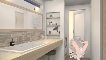 1girl a_simple_life_with_my_unobtrusive_sister absurdres animal_slippers barefoot bathroom breasts bunny_slippers censored convenient_censoring door elf fallen_down faucet grey_hair hair_dryer highres long_hair medium_breasts mirror naked_towel navel niliu_chahui original paid_reward_available plant pointy_ears potted_plant shampoo_bottle sink slippers soap_bottle solo spread_legs stool towel unworn_slippers washing_machine white_slippers