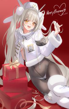 :d absurdres armband black_armband blanc_(fortune_express)_(nikke) blanc_(nikke) boots box breasts christmas coat commentary commentary_request covered_navel english_commentary english_text fur-trimmed_boots fur-trimmed_collar fur-trimmed_headwear fur-trimmed_sleeves fur_trim gift gift_box goddess_of_victory:_nikke hat high-waist_pantyhose highres korean_commentary long_hair merry_christmas mibe_(goforit_mibe) mixed-language_commentary official_alternate_costume official_alternate_hairstyle open_mouth panties panties_under_pantyhose pantyhose red_background see-through_pantyhose smile split-color_clothes underboob underwear very_long_hair white_boots white_hair white_hat winter_clothes winter_coat yellow_eyes