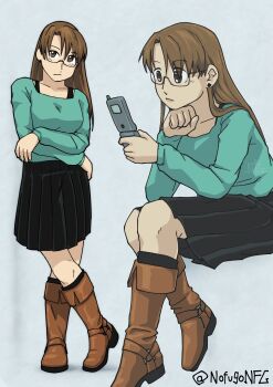 Rule 34 | 1girl, azumanga daiou, black skirt, black socks, boots, brown boots, brown hair, cellphone, crossed arms, earrings, glasses, green shirt, grey background, hair between eyes, highres, holding, holding phone, invisible chair, jewelry, long hair, mizuhara koyomi, nofugo, phone, pleated skirt, shirt, simple background, sitting, skirt, socks, stud earrings, twitter username