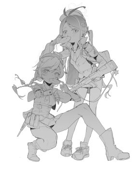 Rule 34 | 2girls, ahoge, blue archive, braid, chinese commentary, commentary request, danbaofan omuless, fubuki (blue archive), full body, gun, halo, holding, holding gun, holding weapon, kirino (blue archive), looking at viewer, monochrome, multiple girls, necktie, rifle, ruger mini-14, shoes, smith &amp; wesson 360, standing, star (symbol), weapon