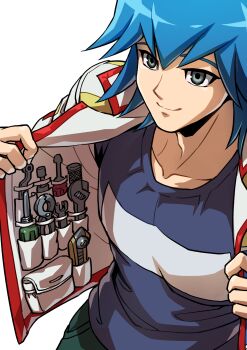 1boy absurdres blue_hair blue_shirt bruno_(yu-gi-oh!) clothes_pull collarbone commentary_request grey_eyes highres jacket looking_up male_focus open_clothes open_jacket pants shirt short_hair simple_background smile solo tools upper_body utility_vest vest white_background white_jacket youko-shima yu-gi-oh! yu-gi-oh!_5d's