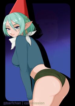 Rule 34 | ass, ass focus, bandana, barfchan, blue shirt, commentary, commission, english commentary, gnome, green hair, highres, indie virtual youtuber, pointy ears, shirt, shorts, simple background, wedgie