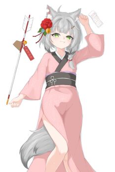 1girl animal_ears animal_hair_ornament arrow_(projectile) braid fang fang_out flower green_eyes grey_hair hair_flower hair_ornament hair_over_shoulder hamaya highres japanese_clothes kamizuki_naki kimono long_sleeves looking_at_viewer lying medium_hair multicolored_hair notched_ear obi omikuji on_back pink_kimono prism_project sash short_hair simple_background single_braid smile tail two-tone_hair uts virtual_youtuber white_background wolf_ears wolf_girl wolf_tail