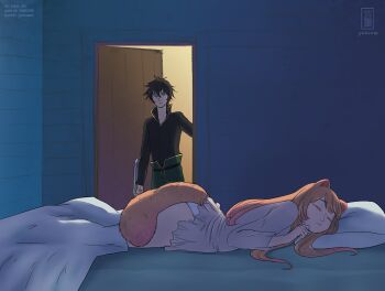 Rule 34 | 1boy, 1girl, animal ears, arm shield, artist name, ass, black hair, black shirt, blanket, closed eyes, closed mouth, commentary request, expressionless, full body, green eyes, green pants, grey nightgown, high collar, highres, indoors, iwatani naofumi, long hair, long sleeves, looking at another, lying, messy hair, night, nightgown, on bed, on stomach, orange hair, panties, pants, pillow, pixiv id, raccoon ears, raccoon girl, raccoon tail, raphtalia, shirt, short hair, standing, tail, tate no yuusha no nariagari, tumblr username, underwear, upper body, vk username, white panties, yuria-chu