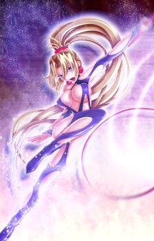 1girl blonde_hair blue_eyes breasts dominatrix earrings female_focus full_body high_ponytail highres jewelry large_breasts long_hair melficexd nipples ponytail shoes sofia sofia_(toushinden) solo toushinden underboob whip