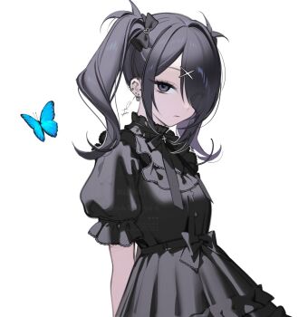 1girl ame-chan_(needy_girl_overdose) barbell_piercing black_bow black_dress black_eyes bow bug butterfly dress ear_piercing hair_bow hair_over_one_eye highres industrial_piercing insect looking_at_viewer needy_girl_overdose ohisashiburi piercing short_sleeves sidelocks simple_background solo twintails watermark white_background