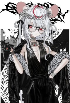 1girl ahoge animal_ears animal_print black_dress black_gloves black_jacket black_ribbon closed_mouth commentary dress glasses gloves hair_intakes hair_ribbon hand_on_own_hip holding holding_smoking_pipe jacket jacket_on_shoulders jewelry long_hair looking_at_viewer mouse_ears mouse_girl multicolored_hair necklace open_clothes open_jacket original red_eyes red_hair ribbon shawl sleeveless sleeveless_dress smoking_pipe solo symbol-only_commentary white_hair zebra_print zhayoulu