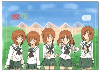5girls :o black_neckerchief brown_eyes brown_hair clone closed_eyes closed_mouth cowboy_shot day dot_mouth eyebrows_hidden_by_hair girls_und_panzer green_skirt hedge highres long_sleeves multiple_girls nao21n neckerchief nishizumi_miho no_nose ooarai_school_uniform outdoors parody pleated_skirt pointing pointing_at_viewer school_uniform serafuku shirt short_hair skirt sleepy standing viewfinder wide-eyed worried