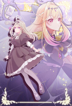 Rule 34 | 1girl, antenna hair, artist name, black bow, black bowtie, black capelet, black dress, black ribbon, black shoes, blonde hair, bow, bowtie, braid, brooch, capelet, commentary, crown braid, cure arcana shadow, dated, diamond hairband, dress, earrings, enishidayuu, frilled capelet, frilled dress, frilled sleeves, frills, gradient hair, grey hair, grey pantyhose, hair bow, hair intakes, hair ribbon, heart, heart brooch, holding, holding staff, jewelry, layered dress, light particles, long hair, long sleeves, magical girl, mary janes, medium dress, medium hair, meitantei precure!, moria luluka, multicolored hair, multiple views, necklace, pantyhose, pink eyes, precure, purple eyes, purple veil, ribbon, shirt, shoes, signature, sparkle, staff, tear arcana rod, veil, very long hair, white shirt