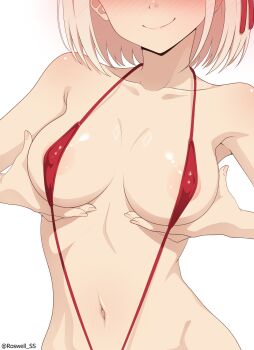 1girl absurdres blonde_hair blush breasts commentary_request covered_erect_nipples eyes_out_of_frame grabbing_own_breast head_out_of_frame highres large_breasts lycoris_recoil navel nishikigi_chisato paid_reward_available red_slingshot_swimsuit roswell_ss short_hair simple_background slingshot_swimsuit smile solo stomach swimsuit twitter_username white_background