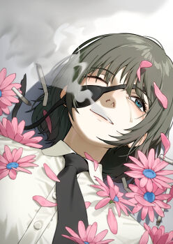 1girl absurdres b1026 black_hair black_necktie blue_eyes chainsaw_man cigarette collared_shirt crying crying_with_eyes_open eyepatch flower highres himeno_(chainsaw_man) lying medium_hair necktie on_back one_eye_closed pink_flower shirt smoke solo tears white_shirt