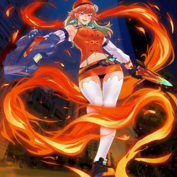 1girl bow bow_choker chef_hat choker earrings feather_earrings feathers fire gradient_hair green_hair hat highres holding holding_shield holding_sword holding_weapon hololive hololive_english iskaydi jewelry long_hair looking_at_viewer mini_chef_hat multicolored_hair multiple_hats open_mouth orange_hair orange_hat orange_skirt purple_eyes shield skirt smile solo sword takanashi_kiara takanashi_kiara_(1st_costume) thighhighs virtual_youtuber weapon
