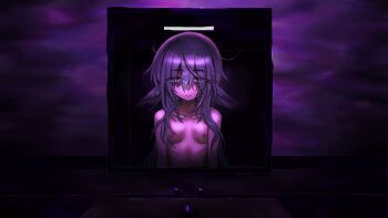 1girl 56koruru bathroom ceiling_light completely_nude frown hair_between_eyes hair_over_shoulder half-closed_eyes highres id_and_i indoors lolratz long_hair looking_at_viewer loose_hair_strand messy_hair mirror nipples non-web_source nude pink_eyes pink_hair seraline sink solo upper_body