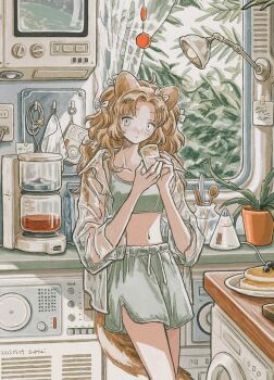 1girl animal_ears artist_name blueberry bow brown_hair buttons chopsticks coffee_maker collarbone commentary cowboy_shot cup curtained_hair dated dial electrical_outlet eokaku_surimi foliage food fruit green_shorts hair_bow head_tilt highres holding holding_cup indoors knife lamp long_arms long_hair looking_at_viewer multiple_hair_bows navel original pancake plant potted_plant radio see-through_clothes see-through_shirt shirt shorts sidelocks solo spoon standing symbol-only_commentary tail television washing_machine