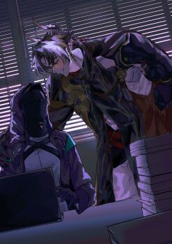 1boy 1girl absurdres arknights armor black_coat black_hair blush chongyue_(arknights) coat computer doctor_(arknights) dragon_boy dragon_horns female_doctor_(arknights) hand_on_another's_shoulder hetero highres hood hood_up horns indoors laptop long_hair looking_at_another low_ponytail multicolored_hair paper paper_stack pauldrons pointy_ears ponytail shoulder_armor single_pauldron sitting streaked_hair walhee221