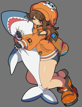 Rule 34 | 1girl, absurdres, bag, bike shorts, black gloves, black shorts, blush, brown eyes, brown hair, fingerless gloves, full body, gloves, grey background, guilty gear, guilty gear strive, hat, highres, holding, hood, hood down, hoodie, kekeken, long hair, long sleeves, may (guilty gear), mr. dolphin (guilty gear), newsboy cap, one eye closed, orange bag, orange hat, orange hoodie, orange shoes, puffy sleeves, shoes, short shorts, shorts, skull and crossbones, thick thighs, thighs