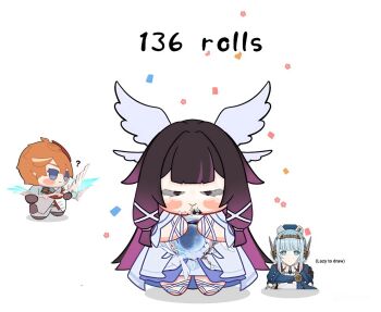 1boy 2girls ? arm_ribbon bare_shoulders barefoot belt black_belt black_boots black_hair blue_eyes blue_hair blue_hat blue_scarf blunt_bangs blush_stickers boots bow_(weapon) chibi chibi_only circlet closed_eyes closed_mouth collared_shirt colored_inner_hair columbina_(genshin_impact) commentary confetti crescent_moon dress empty_eyes english_commentary english_text eye_mask feathered_wings flower full_body full_moon genshin_impact grey_jacket grey_pants hair_ornament hat head_wings headgear highres holding holding_bow_(weapon) holding_moon holding_weapon ineffa_(genshin_impact) jacket lapels leg_ribbon long_hair long_sleeves looking_at_another mask mask_on_head moon multicolored_hair multiple_girls multiple_wings off-shoulder_dress off_shoulder orange_hair pants pink_flower purple_hair red_mask red_scarf ribbon robot scarf shadow shirt short_hair sidelocks simple_background smile solo_focus standing star_(symbol) streaked_hair tartaglia_(genshin_impact) unosaki2 very_long_hair weapon white_background white_dress white_hair white_mask white_shirt wide_sleeves wings x_hair_ornament