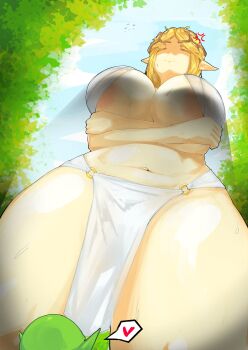 1boy 1girl absurdres anger_vein angry areola_slip blonde_hair breasts closed_eyes elf forest from_below goblin goblin_nest highres huge_breasts large_breasts loincloth long_hair looking_at_viewer monster nature outdoors pointy_ears repa selene_(goblin_nest) shadow sweat sweatdrop tall_female thighhighs