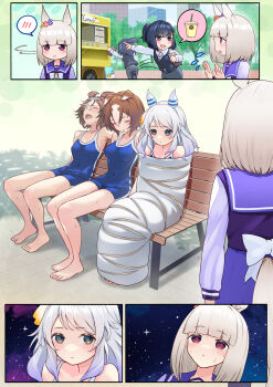 5girls alternate_costume animal_ears bamboo_memory_(umamusume) bench blush brown_hair collarbone comic commentary_request grey_hair happy_meek_(umamusume) highres hishi_miracle_(umamusume) horse_ears horse_girl juice medium_hair meme multiple_girls nabe_puyo resting school_swimsuit sitting space_cat_(meme) swimsuit tree umamusume wrapped yaeno_muteki_(umamusume)