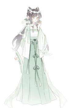 Rule 34 | 1girl, absurdres, bad source, beizi (clothing), black hair, chinese clothes, cone hair bun, dress, flower, food, full body, green dress, green eyes, hair bun, hair flower, hair ornament, hanfu, highres, holding, long hair, long sleeves, looking to the side, original, ribbon, simple background, solo, watermark, white background, wide sleeves, yanxie jiangxi