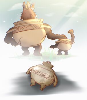 1girl absurdres akainu_pony animal_ears arm_up brown_hair cloud dog_girl elden_ring grass helmet highres hololive inugami_korone inugami_korone_(viking) iron_fist_alexander jar_bairn living_jar_(elden_ring) long_hair sunlight tail vambraces virtual_youtuber