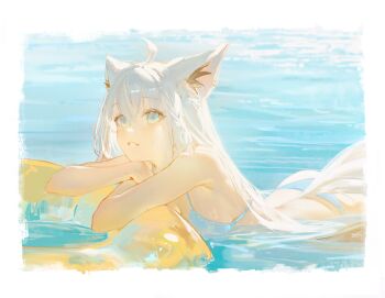 1girl absurdres ahoge animal_ears aqua_bikini aqua_eyes bikini braid breasts commentary day double-parted_bangs english_commentary fox_ears fox_girl fox_tail hair_between_eyes highres hololive hyde_(tabakko) innertube long_hair medium_breasts ocean official_alternate_costume outdoors parted_lips partially_submerged shirakami_fubuki shirakami_fubuki_(hololive_summer_2019) side_braid sideboob solo swim_ring swimsuit tail virtual_youtuber wet white_hair