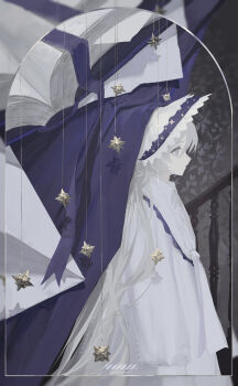 1girl absurdres book commentary dress from_side highres long_hair open_book original profile solo upper_body very_long_hair white_dress white_hair yuzu_(yuzusuke10)