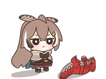 1girl @_@ ahoge black_sclera bloodymoonia brown_capelet brown_cloak brown_corset brown_eyes brown_hair capelet claws cloak colored_sclera corset feather_hair_ornament feathers gen_3_pokemon groudon hair_ornament highres hololive hololive_english legendary_pokemon long_hair multicolored_hair nanashi_mumei nanashi_mumei_(1st_costume) nintendo pokemon pokemon_(creature) ponytail sharp_teeth skirt spikes streaked_hair teeth unamused very_long_hair virtual_youtuber white_hair yellow_eyes