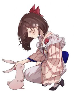 1girl aisu_(ahono_ice) apron black_shoes blunt_bangs blunt_ends bob_cut bow brown_hair cherry_blossoms facing_down flower frilled_apron frills from_side full_body hair_bow hair_flower hair_ornament hand_on_animal highres japanese_clothes kimono maid parted_lips pink_flower pink_kimono pinstripe_kimono pinstripe_pattern profile rabbit rabbit_ornament red_bow reverse:1999 satsuki_(reverse:1999) shoes short_hair solo squatting striped_clothes striped_kimono vertical-striped_clothes vertical-striped_kimono wa_maid white_apron white_background