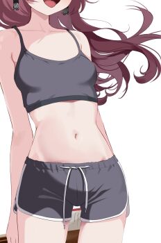 1girl :d absurdres agm armpit_crease arms_behind_back black_shorts black_sports_bra bocchi_the_rock! breasts collarbone commentary_request cowboy_shot dolphin_shorts drawstring earrings head_out_of_frame highres hiroi_kikuri jewelry long_hair medium_breasts midriff navel ofuda_earrings open_mouth purple_hair shorts simple_background smile solo sports_bra thighs tongue white_background