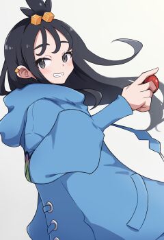 1girl absurdres black_hair blue_hoodie blush commentary_request cube_hair_ornament earclip grey_eyes hair_ornament highres holding holding_poke_ball hood hood_down hoodie jacket lida_(pokemon) long_hair long_sleeves looking_at_viewer nintendo open_mouth piyo_to_game poke_ball poke_ball_(basic) pokemon pokemon_legends:_z-a simple_background smile solo teeth topknot upper_body white_background